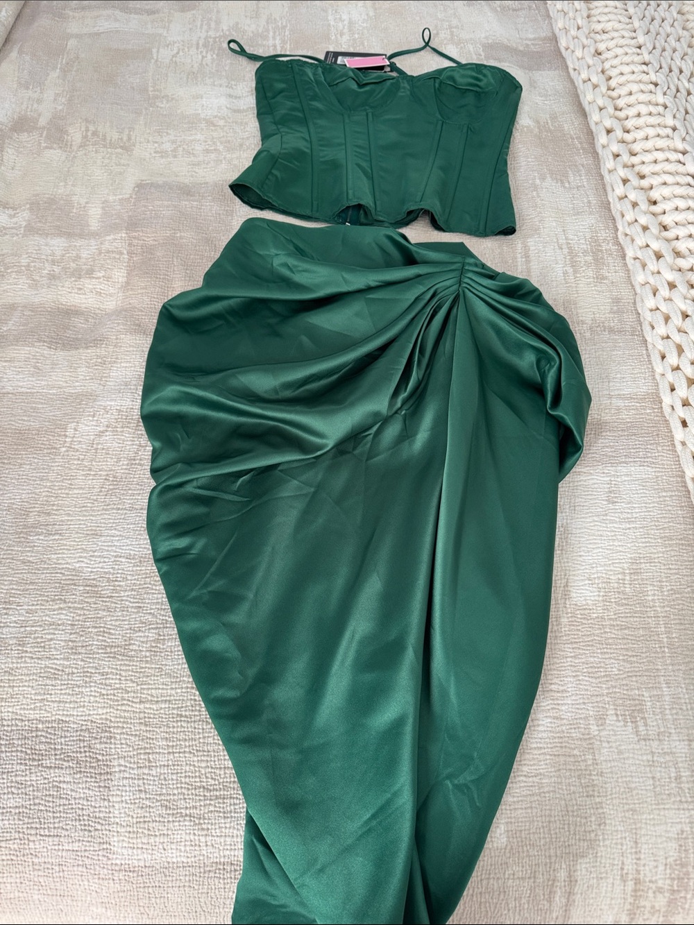 PrettyLittleThing Green Satin Woven ruched side midi with matching corset Top